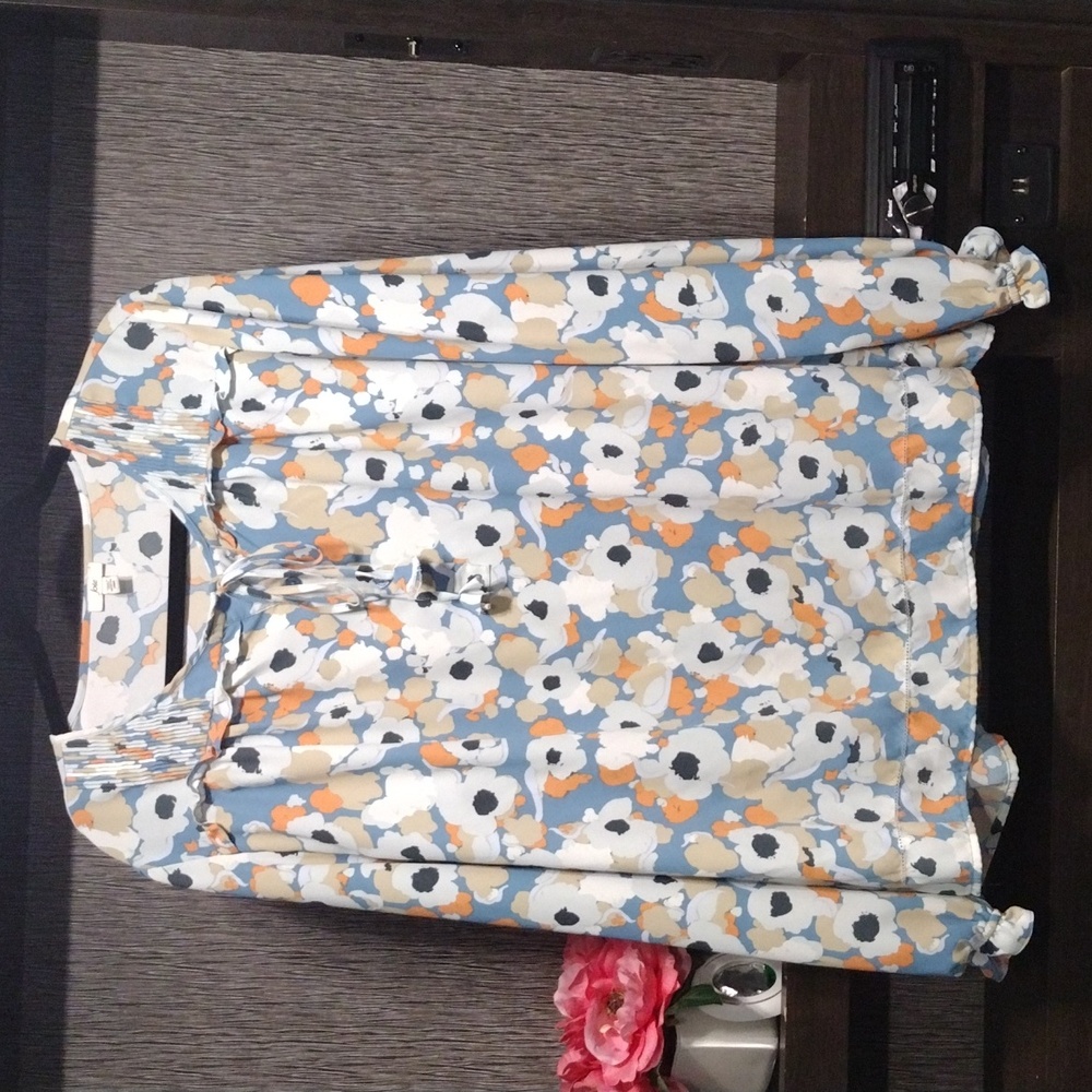 Joie Top Floral Blue Orange Tie Front Long Sleeve Decorative Eyelet Trim…